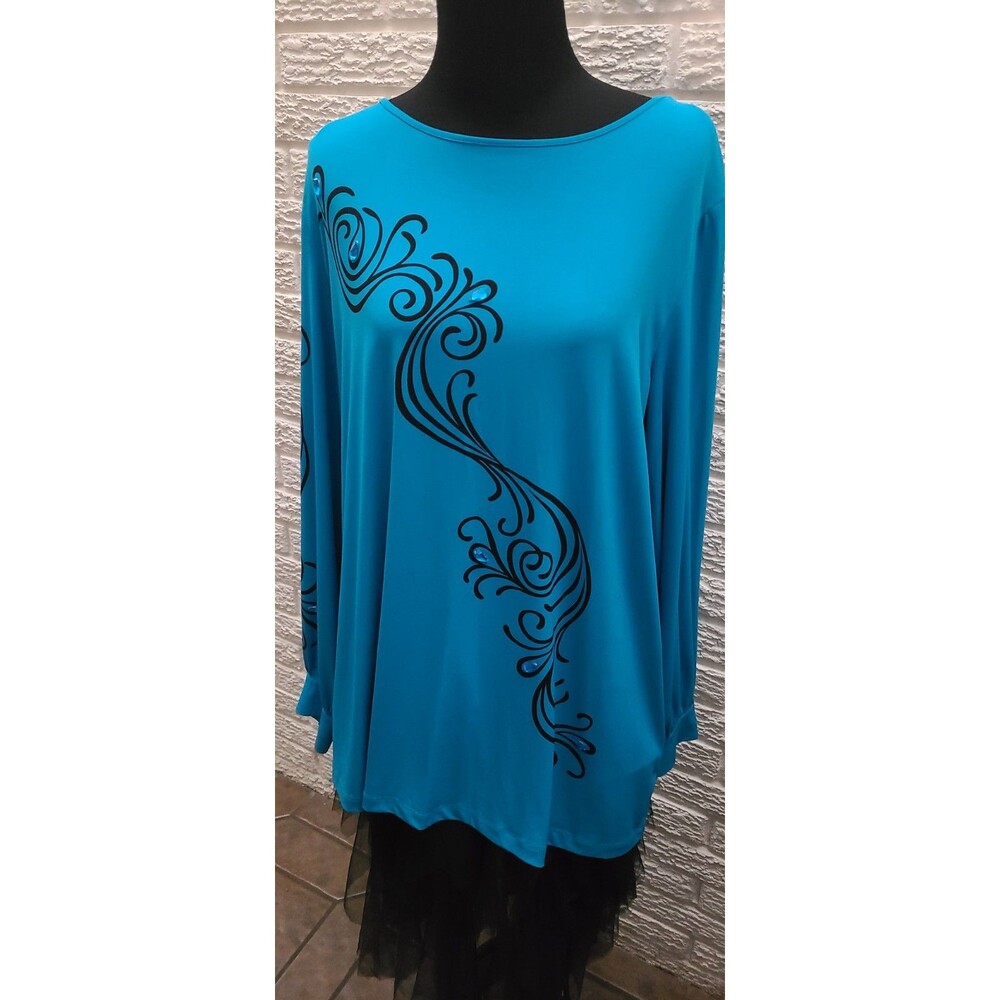 Bob Mackie Size XL Tourq Long Sleeve Blouse Black Swirl Rhinestones Button Cuffs